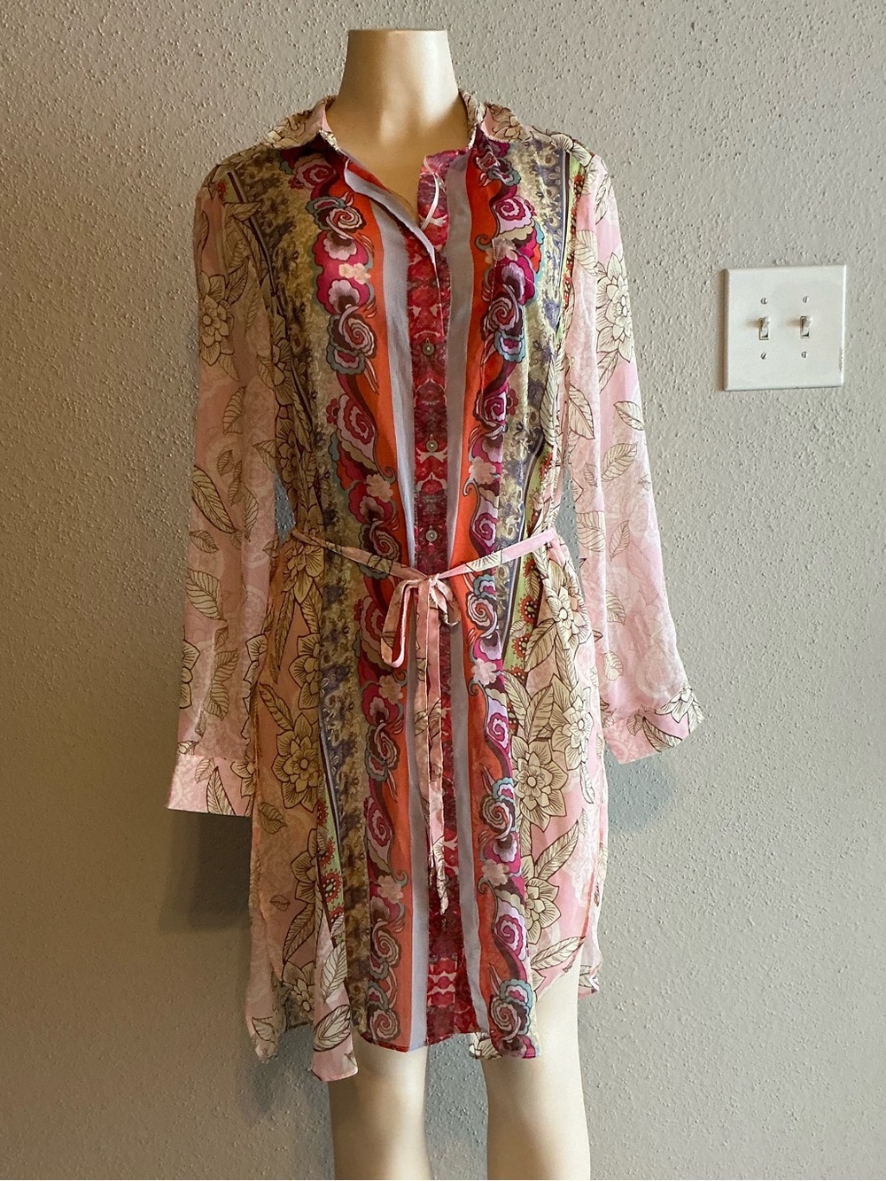Rose + Olive Women’s Sheer Floral Swimsuit Cover-Up Belted Kimono with Side Slit - Picture 2 of 11